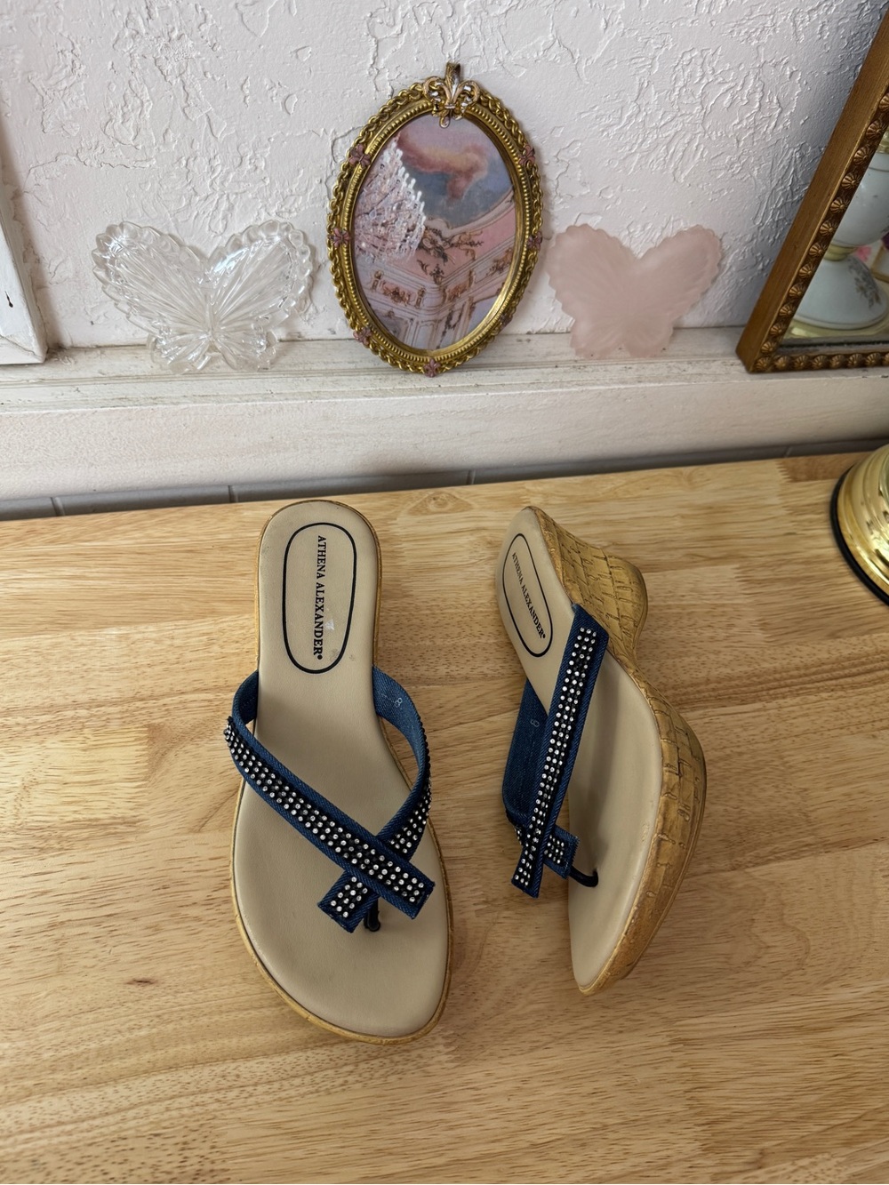 2000’s Athena Alexander Y2K Rhinestone Denim Wedge Thong Sandals Size 8 Whimsy